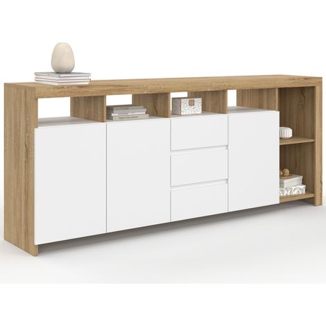 Anrichte 180 cm MALO aus Holz in Buchenoptik 3 Türen und 3 Schubladen weiß