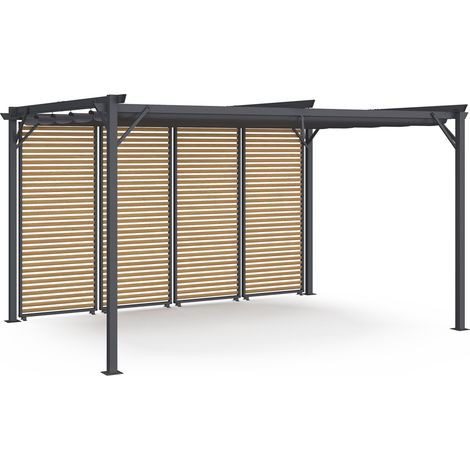 Pergola édition collector persiennes horizontales effet bois et toit rétractable 3x4M 4 pans modulables gris anthracite