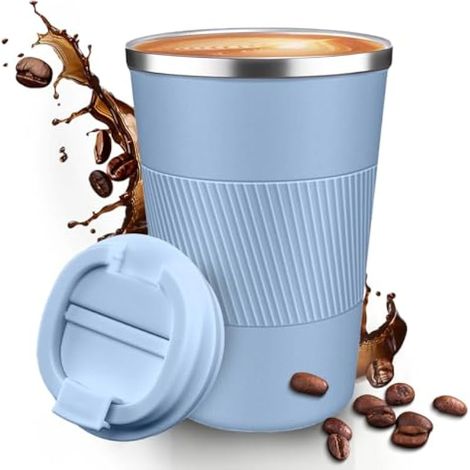 Tasse à café de voyage isotherme, anti-fuite, pobtable pour aller au camping – Tasse à café réutilisable avec couvercles (bleu clair, 380) (1/5)