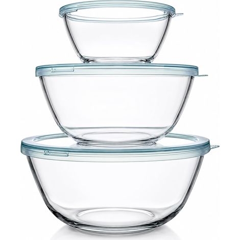 Lot de 3 Bols en Verre - 4,2L 2,5L 1L - Borosilicate - Couvercle Hermétique - Cuisine Micro-ondes (1/5)
