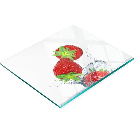 Tabla de cocina de vidrio templado con estampado de fresas cayendo, 60x52 cm. (1/5)