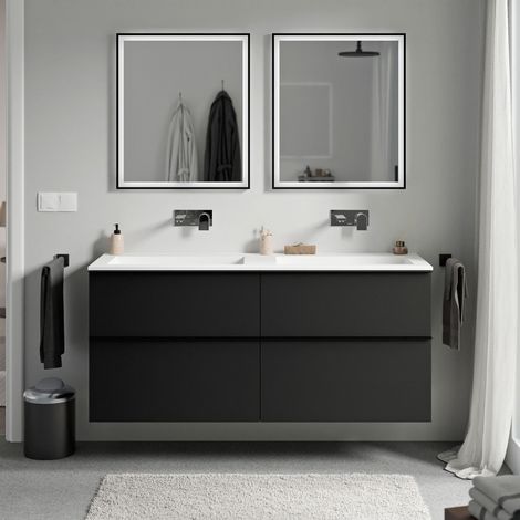 BERNSTEIN - Mueble lavabo suspendido MDF Negro mate, lavabo fundición Blanco mate sin orificio grifería, Tirador cromado 140x46x62cm LAVOA Negro mate, cromo, Blanco mate sin agujero para grifería