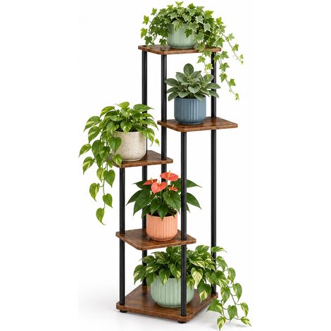 Relaxdays Plant Stand, 5 Square Shelves, HxWxD: 106 x 57 x 57 cm, Indoor Plant Shelf, Industrial, Black/Brown (1/5)