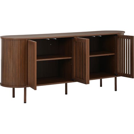 Buffet 160x40x70 cm en MDF noyer, 4 portes coulissantes ajourées et étagères réglables (1/5)