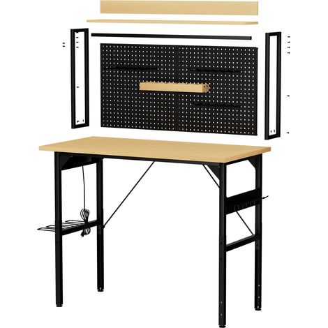 Établi réglable 120 cm avec plan de travail en bois, roulettes et panneau perforé, capacité 700 kg, prises AC/USB, crochets et étagères pour atelier et garage (1/5)