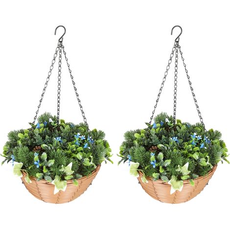 Set of 2 Faux Lisianthus Flowers in Hanging Baskets, 18 PE Leaves and 3 Pinecones, Ideal Decorative Plants for Home and Office (1/5)