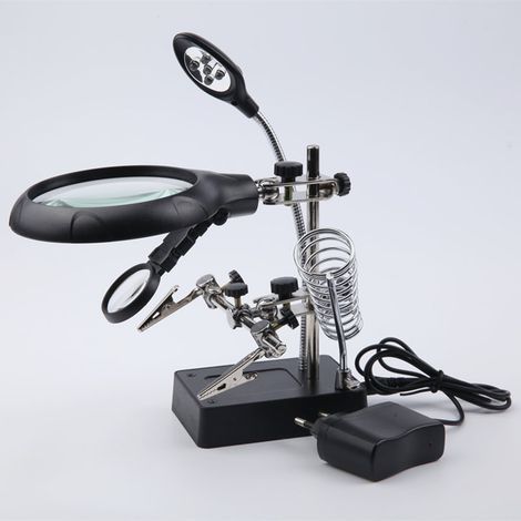 Lupa de escritorio con iluminación LED, aumento de 2.5X, 7.5X y 10X, con clip auxiliar intercambiable para reparación de collares, soporte tipo cocodrilo y soporte de cocodrilo. (1/5)
