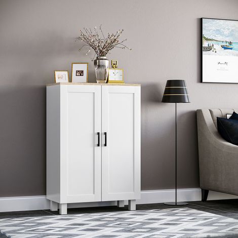Mobilier Auxiliaire Moderne Portes Étagère Réglable Base Surélevée Salon Cuisine Salle Manger Intérieur Blanc 60x30x90cm