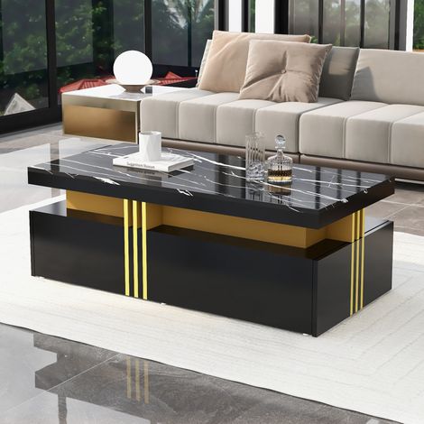 Couchtisch rechteckig aus Spanplatte, Schwarz in Marmoroptik Hochglanz, 100 cm, mit 2 Schubladen (1/5)
