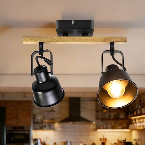 Plafonnier Industriel Spots et Rails de Spots, 2 Spots LED Orientable avec Douille E14, Luminaires Intérieur avec Base Rectangulaire en Bois, pour Cuisine Chambre Salon, Noir (sans Ampoule) (1/5)