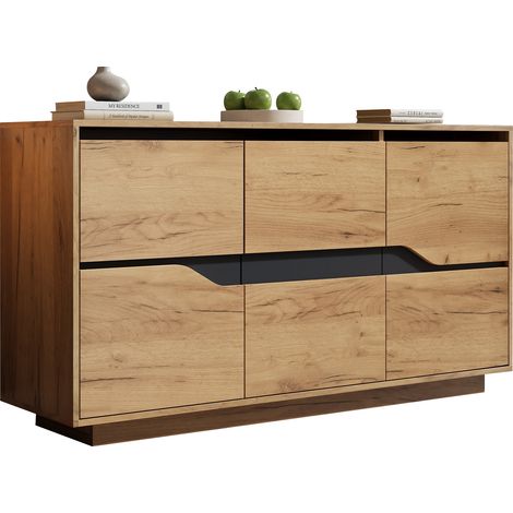 CHICFURN Credenza bassa 140 x 40 x 70 cm in truciolare nero e legno con 3 ante (1/5)