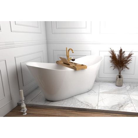 ECOLAM exklusive freistehende Badewanne Viya 170x72 cm Standbadewanne Mineralguss moderne stabile Wanne freistehend Bambus Ablage + Ablaufgarnitur Click Clack - glamour Luxus weiß (1/5)