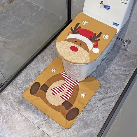 Ensemble de 2 pièces pour salle de bain de Noël : housse de siège de toilette, bonhomme de neige, Père Noël et nain, et tapis assorti (1/5)