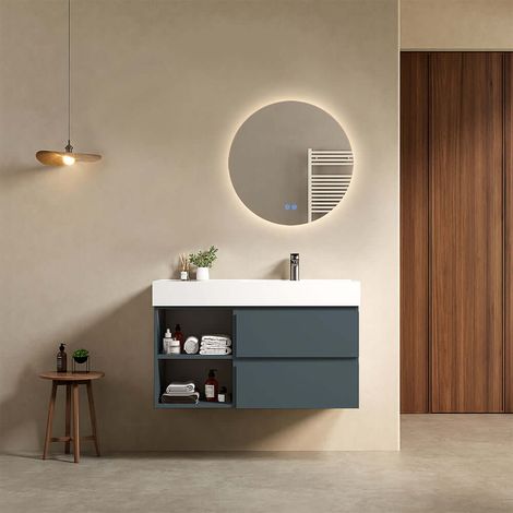 Mobile bagno sospeso 100 cm Blu Mare Lavabo a Destra in Resina Specchio Tondo Retroilluminato - Fiji Paint Plus