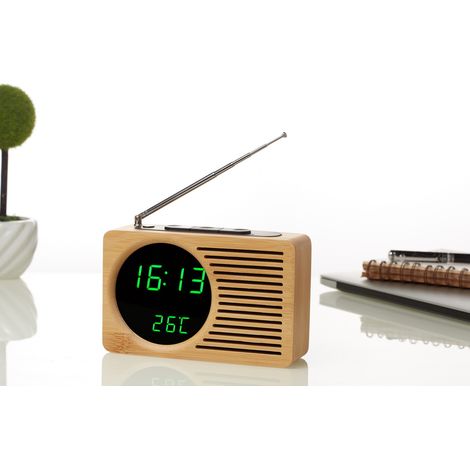 Radio de chevet rétro en bois réveil paresseux muet réveil cadeau créatif horloge électronique 16.5 4.5 9 cm miroir en bambou véritable lumière verte