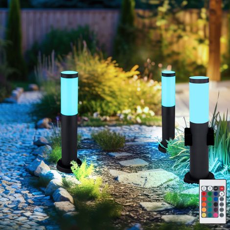 Stehlampe dimmbar mit Fernbedienung Außenleuchte mit Steckdose Edelstahl LED Sockellampe Gartenlampe Wegeleuchte, anthrazit, RGB Farbwechsel, 8,5W 806lm warmweiß, DxH 12,7x45 cm, 3er Set