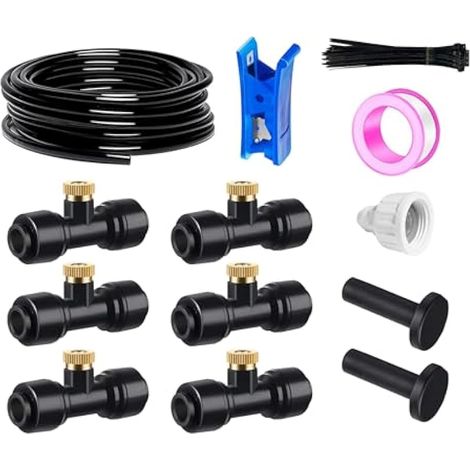 Brumisateurs pour terrasse extérieure, système de brumisation de jardin, système d'irrigation, tuyau de brumisation de 10 m 6 mm + 6 buses de brumisation en T Noir, système de brumisation (1/5)