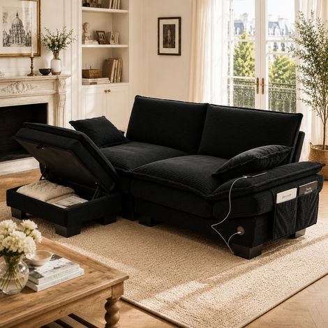 Canapé Modulable 2 Places avec Pouf de Rangement Velours Côtelé Noir 190 x 132 x 84 cm - PANGIVO (1/5)