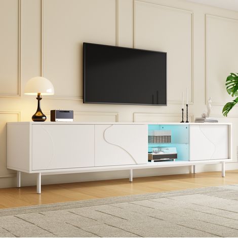 Meuble TV blanc avec 3 portes coulissantes, LED contrôlable par application, étagère en verre, pieds acier, 180x40x45 cm (1/5)