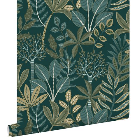 papier peint feuilles bleu foncé et vert - ESTAhome (1/5)