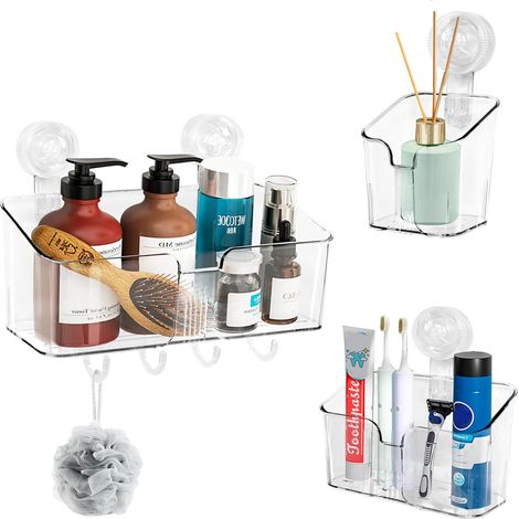 Étagère de douche transparente à ventouses avec crochets, panier de douche amovible, style luxueux et léger, sans perçage, pour salle de bain, cuisine ou dortoir (lot de 3). (1/5)