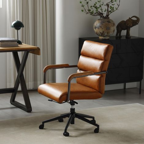 Fauteuil de bureau en cuir brun – chauffant – design mid‑century  –  accoudoirs chêne– Base pivotante 360° (1/5)