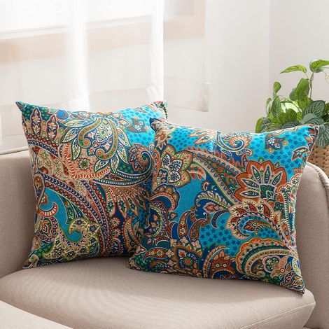Lot de 2 taies d'oreiller 60 x 60 cm - 100 % coton - Motif multicolore bleu foncé - Avec fermeture éclair - Super doux, de qualité supérieure et hypoallergénique - Certifié ÖkoTex super (1/5)