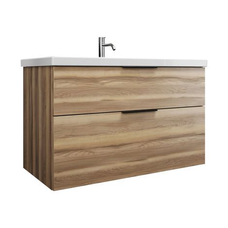 Burgbad Eqio Keramik-Waschtisch mit Unterschrank, 2 Auszüge und Griffleiste Frassino Dekor Cappuccino/Alpinweiss 103 cm Schwarz matt