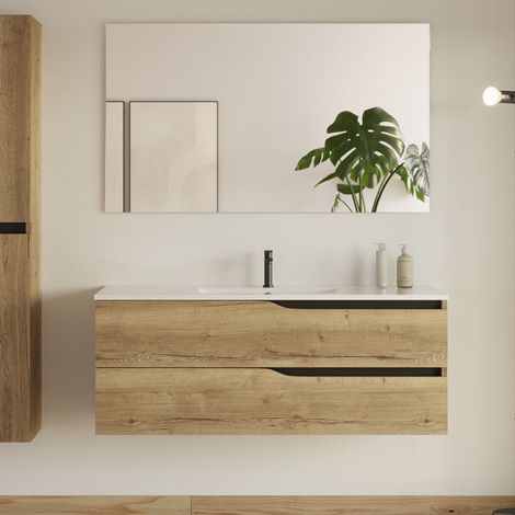 Meuble de salle de bain 120cm simple vasque - 2 tiroirs - madera miel (bois clair) - LUNA (1/5)