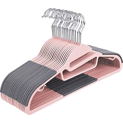 Lot de 20 cintres en plastique ouverture en s antiglisse épaisseur 0,5 cm gain de place crochet pivotant à 360º rose et gris foncé (1/4)