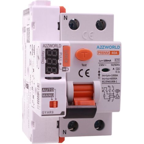 A2ZWORLD RCCB Interruttore Differenziale Puro Riarmo Automatico, Tipo A 1P+N 3M 6000A 100mA AC 230V IP20 IEC61008-1 PR8NM, Corrente Disponibili 25A 40A 63A (40A)