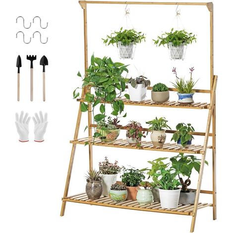 Scaffale Porta Piante bambu Portavasi Portafiori Pieghevole 3 Ripiani con Barra 100 cm (1/5)
