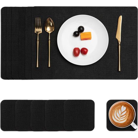 Tischset Abwaschbar Leder Rutschfest Untersetzer 6er Schwarz 6er Set (1/5)