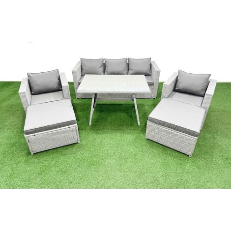 Fimous 7 Pieces Outdoor PE Rattan Sofa Armchair Set Patio Garden Furniture Sets with Cushions 2 Big Stools Light Grey (1/4)