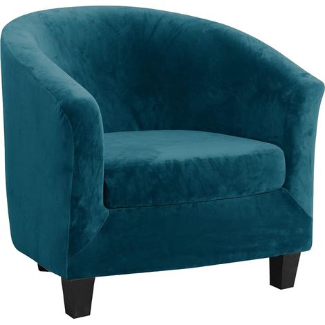 Velours Housse de Fauteuil Club Ensemble de Deux Pièces Housse de Fauteuil Extensible Housse Fauteuil Salon Fauteuil Cabriolet Tub Chair avec Housse de Coussin, Paon Bleu