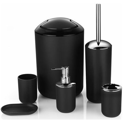 Ensemble de 6 accessoires de salle de bain en plastique de luxe : flacons de lotion, porte-brosse à dents, gobelet à dents, porte-savon, brosse de toilette, poubelle (noir) (1/5)