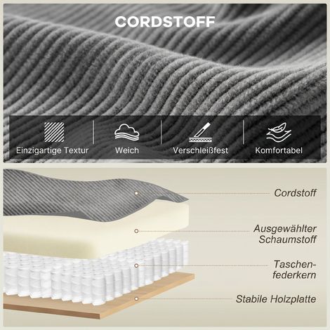 Canapé 3 places 218 cm, sofa moderne en velours côtelé, ressorts ensachés, accoudoirs larges, 2 coussins, gris clair