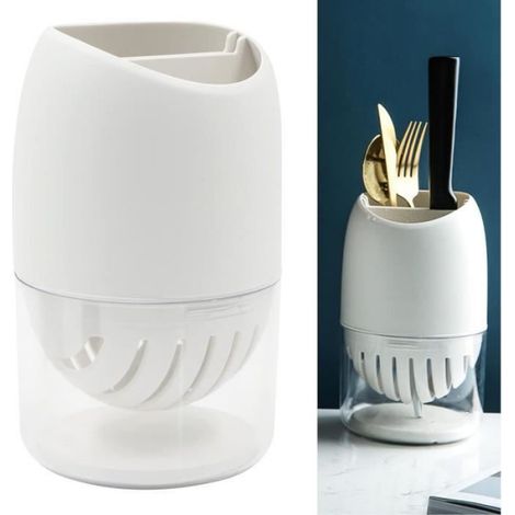 Égouttoir Couverts Porte Pot Ustensiles - Cuisine Boîte à Rangement en Plastique Avec Amovible Égouttoir,Blanc, 10,5 X 10,5 X 18 cm (1/5)