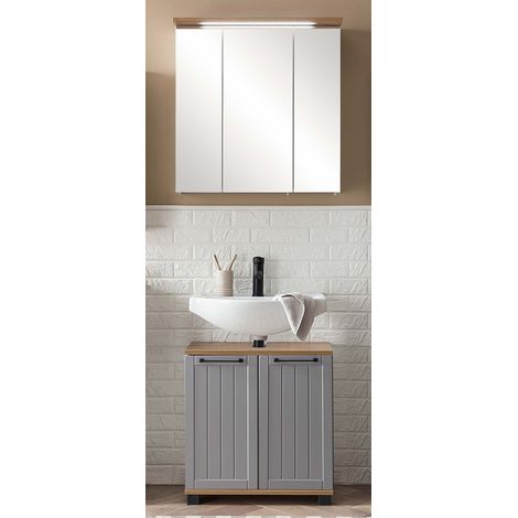 Badezimmer Waschplatz Set, Waschbeckenunterschrank mit Spiegelschrank, grau mit Eiche Nb. JAUSA-80, Landhaus-Design (1/5)