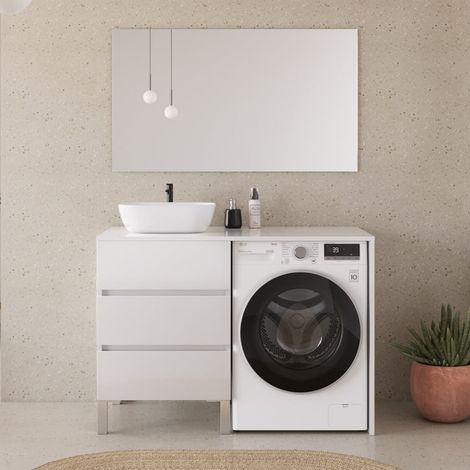 Meuble lave linge 124cm avec plateau et vasque arrondie - 3 tiroirs - blanc - CRUZ (1/5)