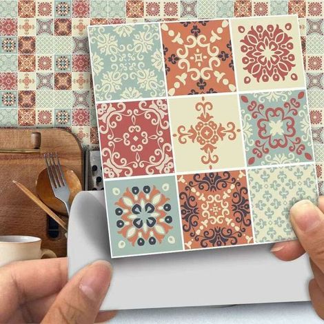 25 Stück selbstklebende Fliesenaufkleber 15 x 15 cm, flache quadratische Wandaufkleber mit Fliesenmuster für Badezimmer und Küche (15 x 15 cm, Mehrfarbig)