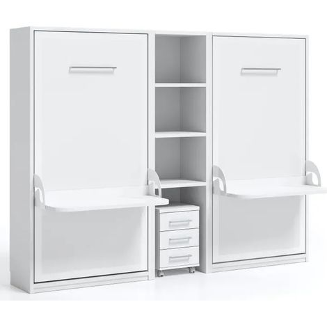 Les Tendances – Pack de 2 lits escamotables 140x190 – Bureau synchronisé avec étagère centrale – Ouverture sécurisée avec amortisseurs à gaz – Finition blanche (1/5)