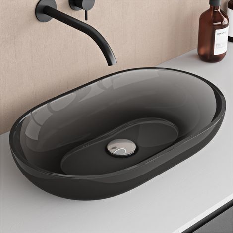 doporro Lavabo da Appoggio Ovale Profondo 54x34x10,5 cm in Resina Trasparente Grigia per Bagno (1/5)
