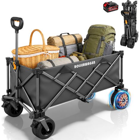 Chariot électrique Pliable 280L 120KG avec 50W Double Moteur Sans Balai, 4.0AH Batterie, 3 Vitesses, Compat. Makita 14.4V Batt. Chariot Enfants de Transport de Jardin pour Courses Camping, Gris