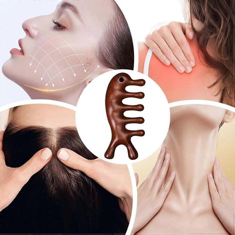 Peigne de massage en bois - Peigne de massage pour la tête - Grattoir corporel 4 en 1 en bois, masseur pour le visage, le cou, les épaules et le dos, utilisation quotidienne matin et soir sous la douc (1/5)