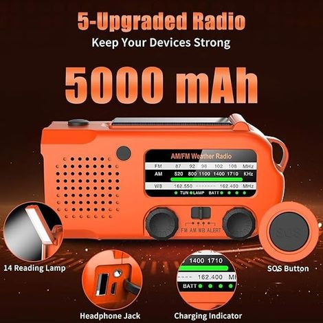 Notfall-Handkurbelradio mit LED Taschenlampe für den Notfalleinsatz, AM/FM NOAA tragbares Wetterradio mit 5000mAh Handy Ladegerät, USB-Aufladung und Solarstrom, orange