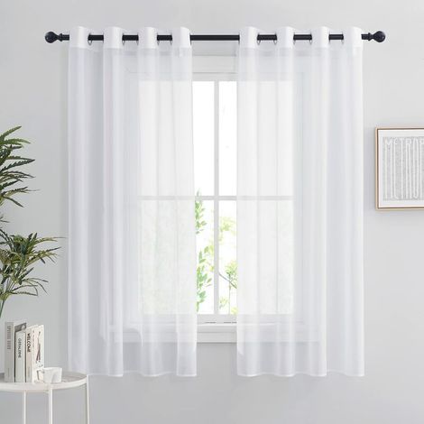 Rideaux Voilages Blanc - Lot de 2 Rideau Court 140 x 160 cm Décoration de Maison Chambre Cuisine, Organza Tulle avec Oeillets Transparent Lumineux Filtrer, Blanc (1/5)