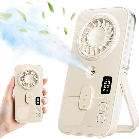 Mini ventilatore portatile nebulizzatore, ricaricabile, con 4 velocità e funzione di spruzzo d'acqua, leggero e silenzioso, ideale per viaggi, attività all'aperto, campeggio, spiaggia e vacanze. (1/5)