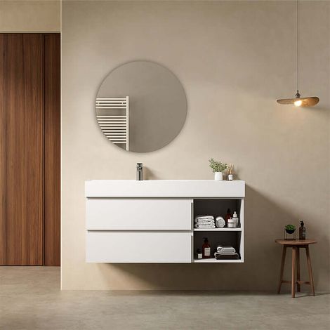 Mobile bagno sospeso 120 cm Bianco Lavabo a Sinistra in Resina Specchio Tondo - Fiji Paint Plus (1/4)