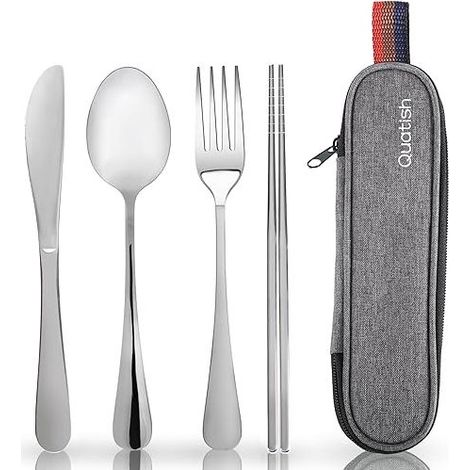 Ensemble de couverts de voyage avec étui, couverts portables pour le travail, ensemble de couverts de voyage réutilisables en acier inoxydable, fourchette et cuillère argentées (1/5)